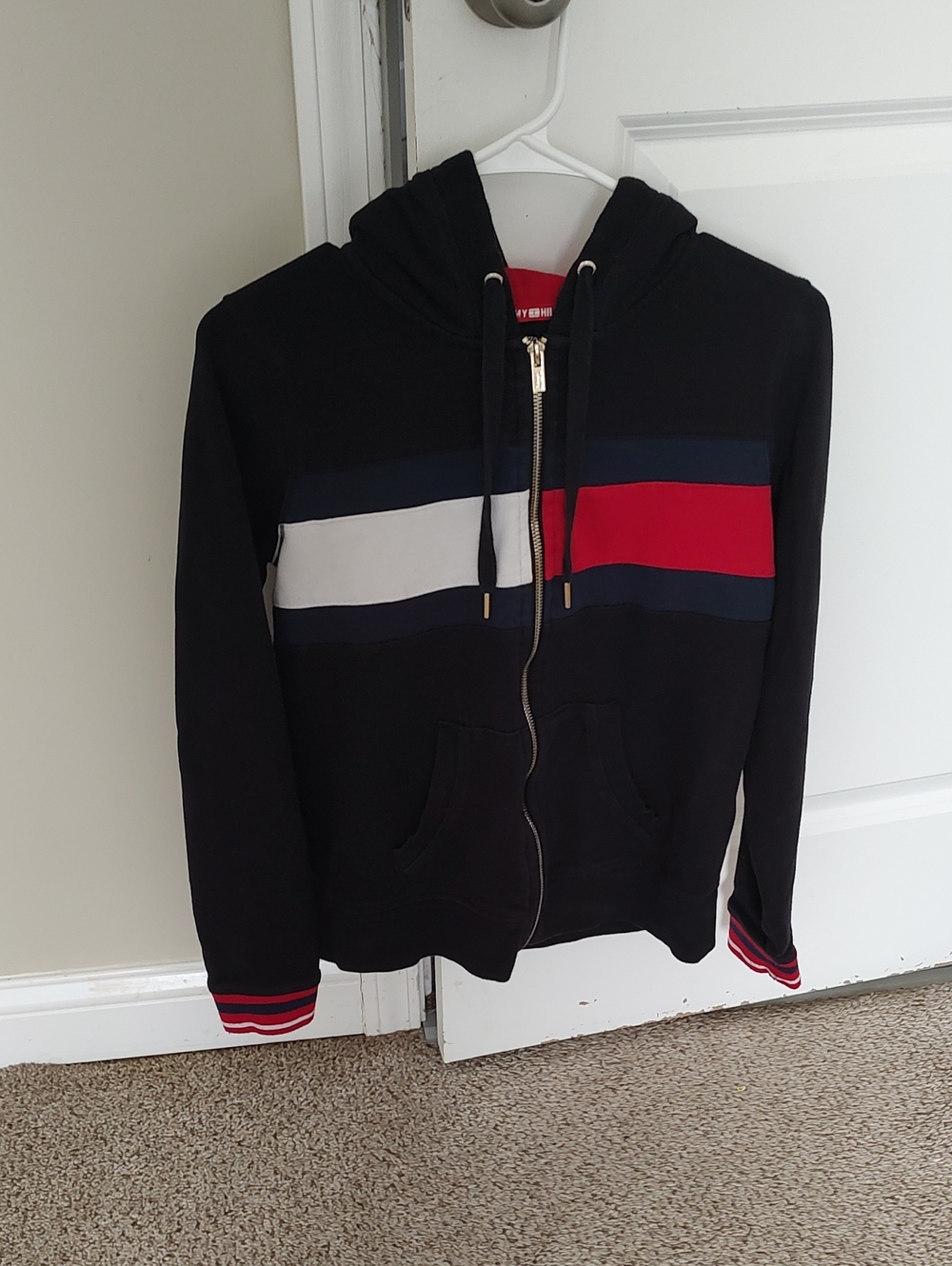 Tommy Hilfiger Black Zip-Up Hoodie with Red & White Stripe